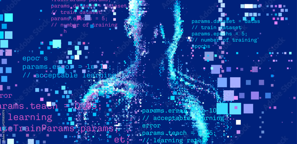 Poster Digital vector illustration depicts artificial intelligence through a pixelated face and code snippets, symbolizing technology, data, and machine learning in a blue color scheme.