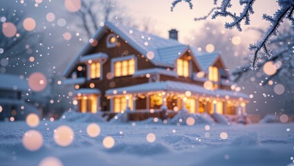 Snow-covered house decorated with warm lights during winter evening in a serene neighborhood