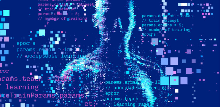 Digital vector illustration depicts artificial intelligence through a pixelated face and code snippets, symbolizing technology, data, and machine learning in a blue color scheme.
