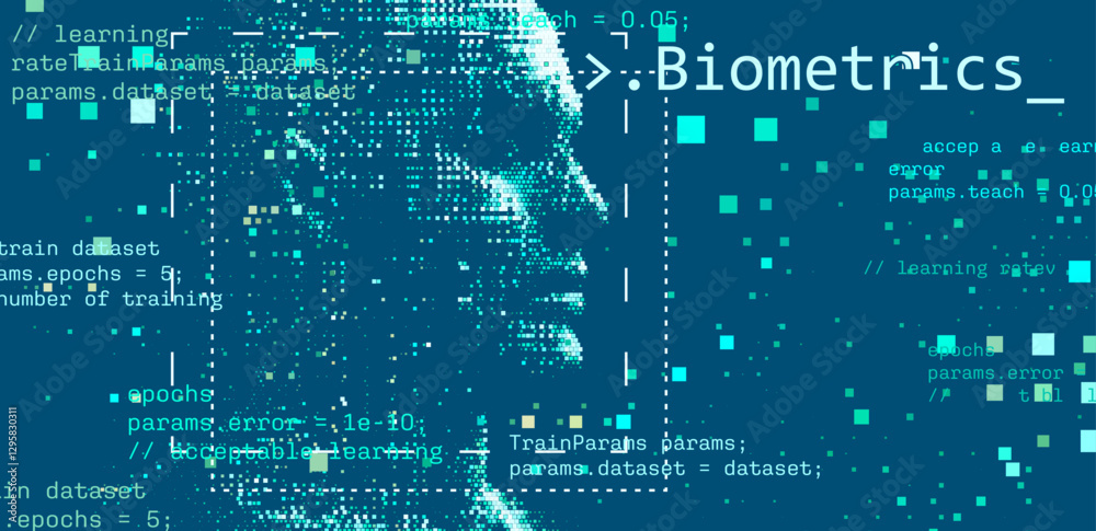 Aufkleber Digital vector illustration showcasing artificial intelligence with a pixelated face and coding elements, highlighting technology, data, and machine learning in shades of blue.