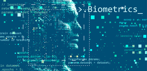 Digital vector illustration showcasing artificial intelligence with a pixelated face and coding elements, highlighting technology, data, and machine learning in shades of blue.