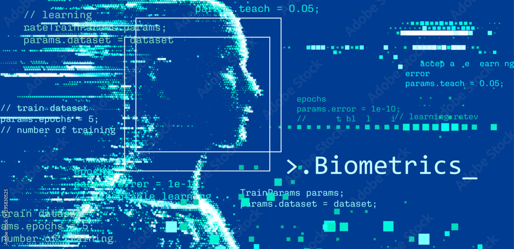 Aufkleber Digital vector illustration showcasing artificial intelligence with a pixelated face and coding elements, highlighting technology, data, and machine learning in shades of blue.