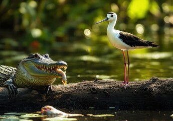 Obraz premium Close Encounter Between a Crocodile and a Stilt Bird in a Serene Wetland Environment During the Golden Hour with Soft Natural Light