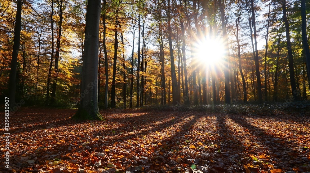 Poster vibrant autumn forest scene with sunlight streaming through the trees : generative ai