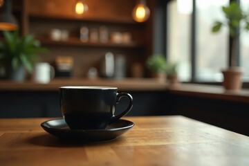 A dark mug of hot beverage rests on a saucer atop a wooden table in a dimly lit cafe setting