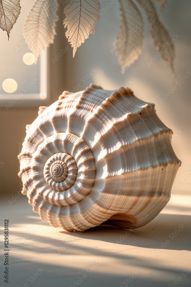 Poster beautiful conch shell displayed on a soft surface with sunlight illuminating its intricate patterns 