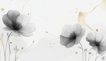 Abstract Gray Flowers, White Background, Gold Drips, Decorative Design