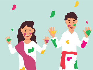 Happy Holi Festival  with Colorful Pot and Powder In Hindi in Colors Celebration.Vector Illustration