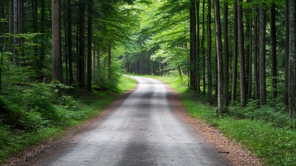 Obraz premium Scenic Forest Pathway Surrounded by Lush Green Trees Under Bright Natural Light : Generative AI
