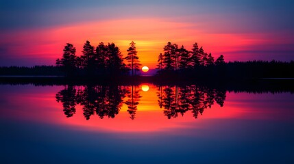 Obraz premium Serene sunset over a tranquil lake reflecting vibrant colors and silhouetted trees