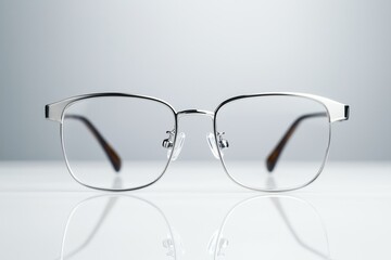 Modern silver eyeglasses with reflection on clean surface. Vision, fashion, and optical clarity