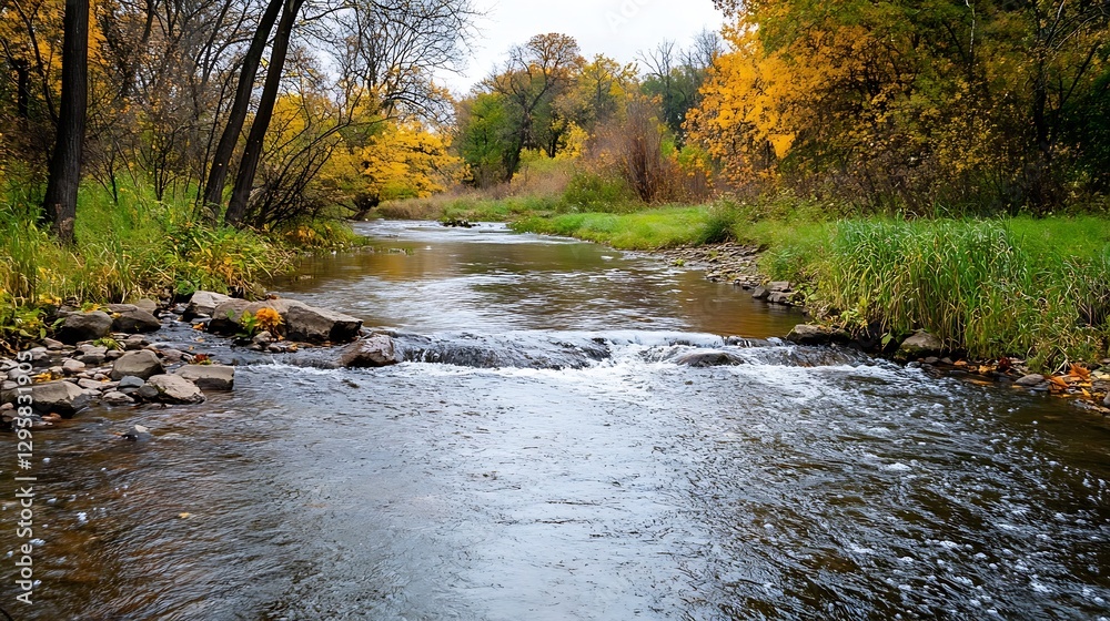 Poster Serene Autumn Landscape with a Calm Stream Flowing Through a Colorful Forest : Generative AI