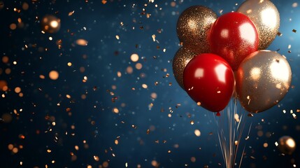 Red and gold balloons floating with falling confetti on dark blue background