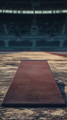 Empty Long Jump Runway with Detailed Texture and Stadium Background Under Natural Lighting on a Clear Day