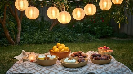 Naklejka premium A serene garden setup featuring a string of lanterns above a picnic blanket with bowls of fresh fruits