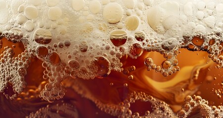 Extreme Close-up of a Rich Caramel-Colored Root Beer Bottle with Frothy Foam Topping