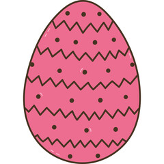 Lovely colorful doodle painted Easter egg with horizontal zigzag lines and dots pattern. Funny outline hand drawn symbol of Easter egg hunt, religious springtime festival isolated on white.