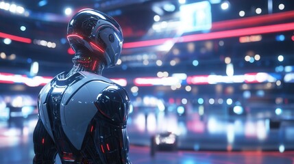 Futuristic Robot with Sleek Design Standing in a High-Tech Environment Filled with Neon Lights and Advanced Technology