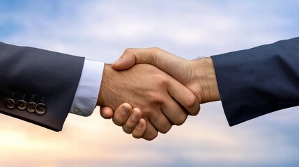 Two People Shaking Hands Against a Cloudy Sky