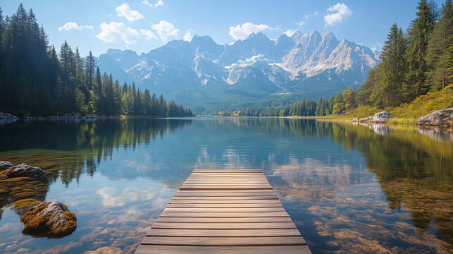 Tranquil lake with a wooden dock surrounded by lush forests and majestic mountains on a sunny day