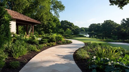 A winding paved pathway leads toward a serene natural landscape