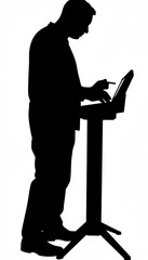 Human technician examining factory console silhouette, modern industry