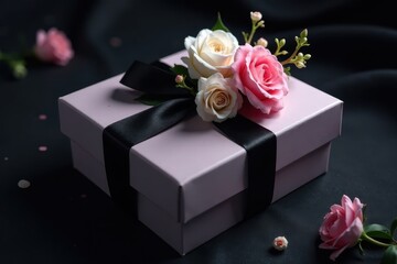 Fototapeta premium A delicately adorned pastel gift box, tied with a sleek black ribbon and embellished with a trio of exquisite roses, rests elegantly on a dark surface.
