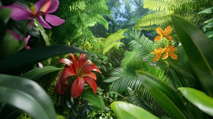 Vibrant Rainforest Scene with Red Orange Purple Orchids