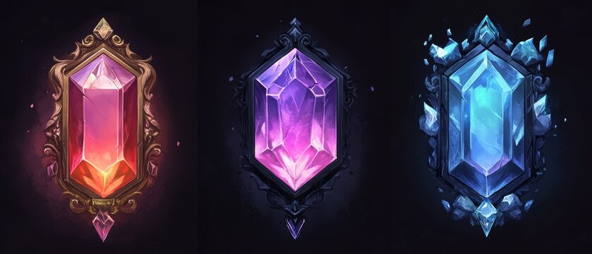 
game ui frame button icon crystal cartoon gem gold background diamond stone green golden ice rectangle set sign badge wood blue interface design magic vector fantasy jewel label texture purple