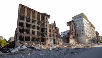 Fototapeta premium Ruins of buildings on urban destruction scene