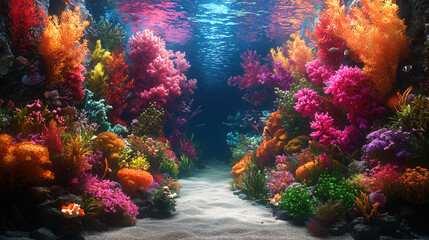 Underwater landscape showcasing vibrant corals and colorful marine life in a tranquil ocean environment. Generative AI