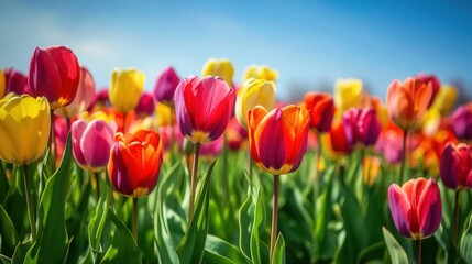 Vibrant Field of Colorful Tulips Blooming Under Clear Blue Sky in Springtime with Lush Green Leaves and Beautiful Natural Light