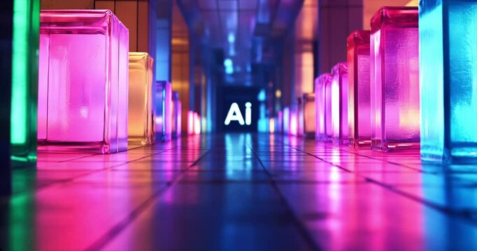 AI concept. Corridor with square columns form the word "AI" as Ortho Ideogram, light painting., Cinematic 4k