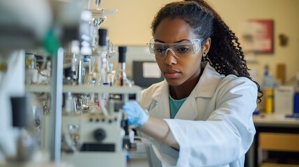 A focused female scientist conducting experiments in a modern laboratory, wearing a lab coat and safety goggles, surrounded by scientific equipment and glassware.