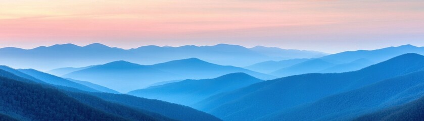 A serene mountain landscape with soft blue hues and gentle slopes under a pastel sky, evoking tranquility and natural beauty.