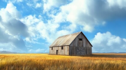 Obraz premium Weathered Wooden Barn in Golden Wheat Field Under Partly Cloudy Sky