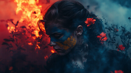 woman with a blue-and-yellow war paint on her face, walking through flames and destruction