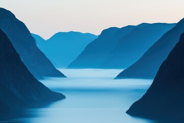 A serene landscape featuring a tranquil fjord surrounded by majestic blue mountains and soft mist, creating a peaceful atmosphere.