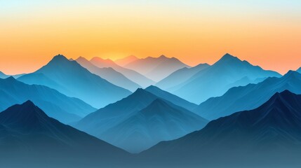 Obraz premium A serene mountain landscape at sunrise, featuring layered peaks in shades of blue and orange, evoking tranquility and natural beauty.