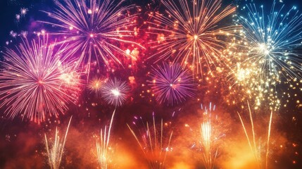 Fototapeta premium Vibrant Fireworks Display Lighting Up Night Sky with Colorful Bursts and Sparks for Celebration and Festivity