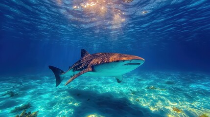 Fototapeta premium A large spotted whale shark swims serenely underwater with sunlight