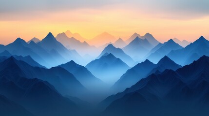 Obraz premium A serene landscape of layered mountains shrouded in mist, illuminated by a soft sunrise, creating a tranquil and captivating atmosphere.