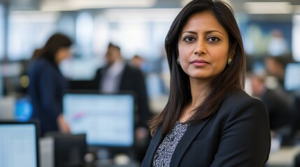 Fototapeta premium Confident Businesswoman in Modern Office Environment with Focused Expression and Professional Attire, Impressing Colleagues in Background