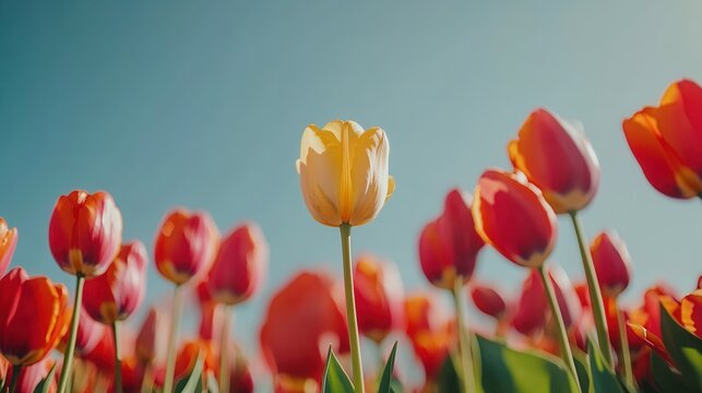 Bright Yellow Tulip Standing Out Among Vibrant Red Tulips in a Beautiful Spring Field Against a Clear Blue Sky