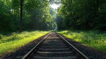 Railway tracks leading into lush forest with sunlight filtering through trees