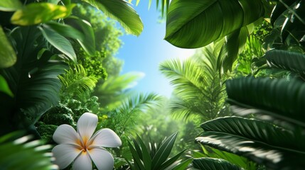 White Plumeria Flower in Lush Green Tropical Foliage Under a Bright Blue Sky
