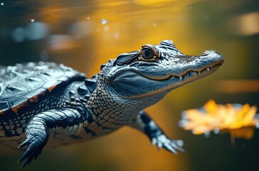 Fototapeta premium Close-Up of a Beautiful Alligator Swimming in Clear Water with Vibrant Yellow Background and Floating Lily Pad Capturing Nature's Wonders and Serenity