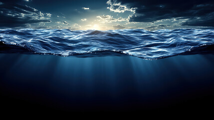 Waves rise beneath a dramatic sky during dusk with sunlight breaking through the clouds and reflecting on the water surface. Generative AI