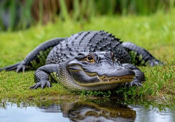 Fototapeta premium Close-Up of a Black Alligator Resting by a Tranquil Water Surface Amidst Lush Green Grass in a Serene Natural Environment