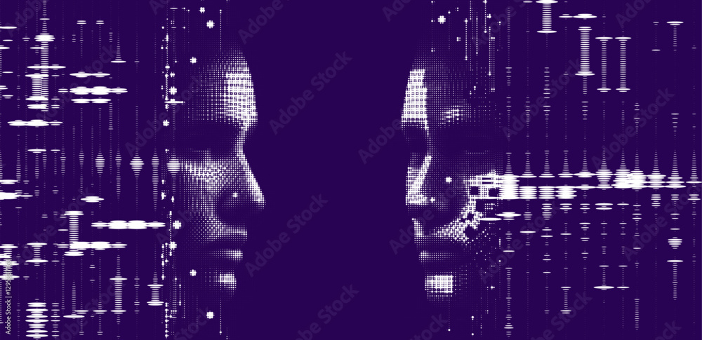 Poster digital vector illustration depicts two pixelated faces in profile, facing each other, with glitch-l